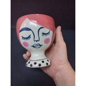 Vintage Lady Face Blushing  Ceramic Planter, Vase, Make-up Brush Holder